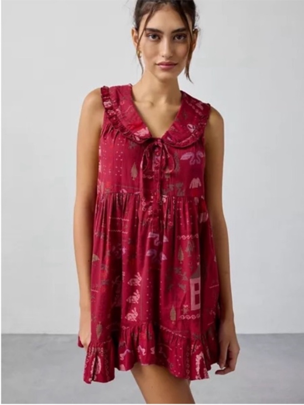 UO Out From Under Lottie Ruffle Collar Babydoll Sleep Dress - Red Cross-Stitch